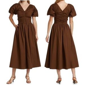 Staud Greta Dress in Bark Brown Puff Sleeve Midi Sz 00 Puff Sleeve V-Neck
